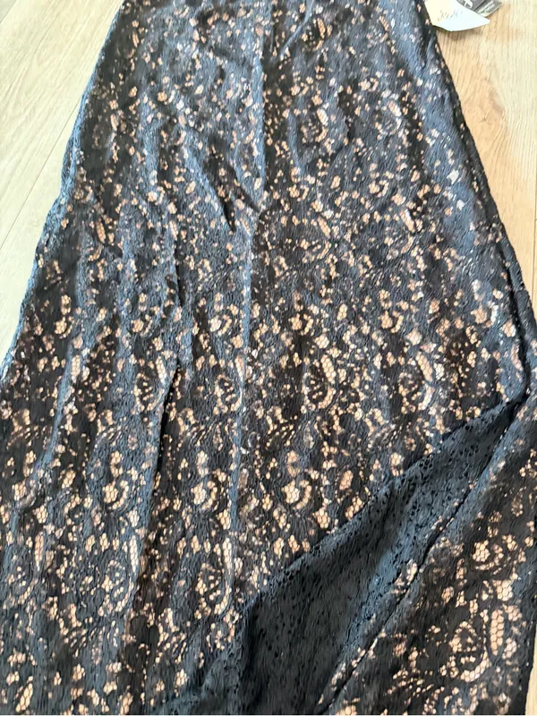 Adrianna Papell Navy Lace Maxi Skirt with Nude Underlay - Image 4