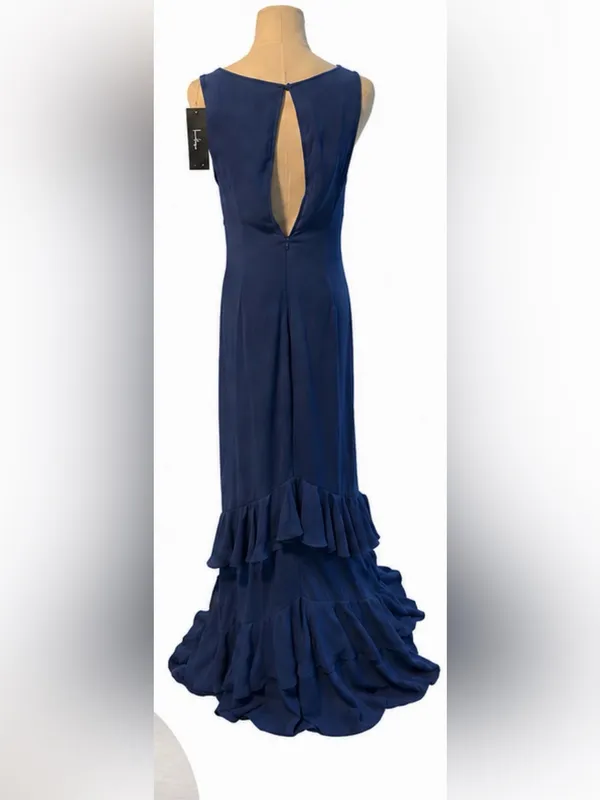 Lulus NWT Blue Cascading Ruffle Maxi Dress Medium Open Back High Low Hem - Image 2