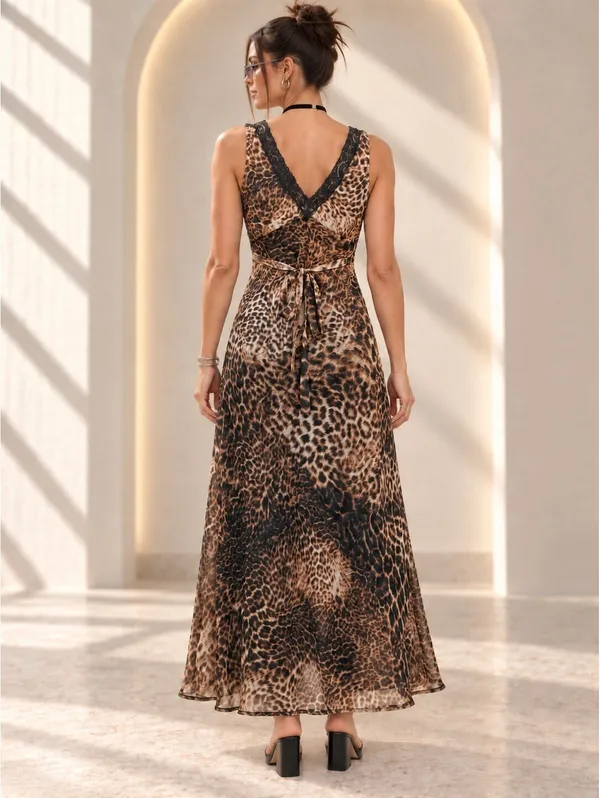 Haute Monde Maxi Dress Leopard Print V-Neck Lace Trim Tie Back Size S Brown - Image 2