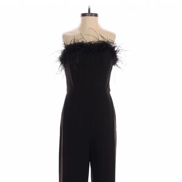 The Noli Shop Black Jumpsuit Feather Trim Strapless Small Glam Party Chic - Image 3