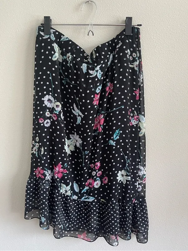 Floral Polka Dot Midi Skirt - Black with Pink & Mint Flowers Size XL - Image 4