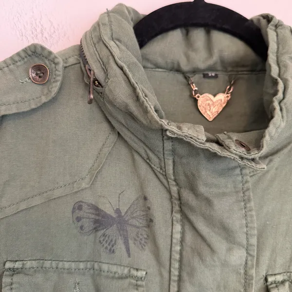 Desigual Y2K military utility jacket embroidered butterfly 36 green - Image 5