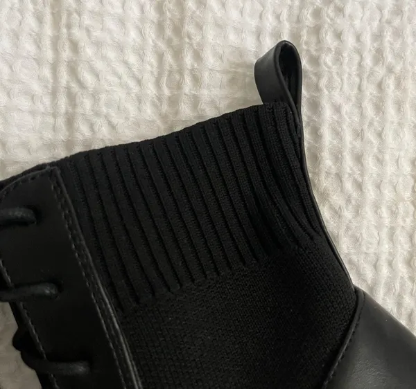 Pointed laced tie faux leather contrast pull on knit ankle boots - Image 6