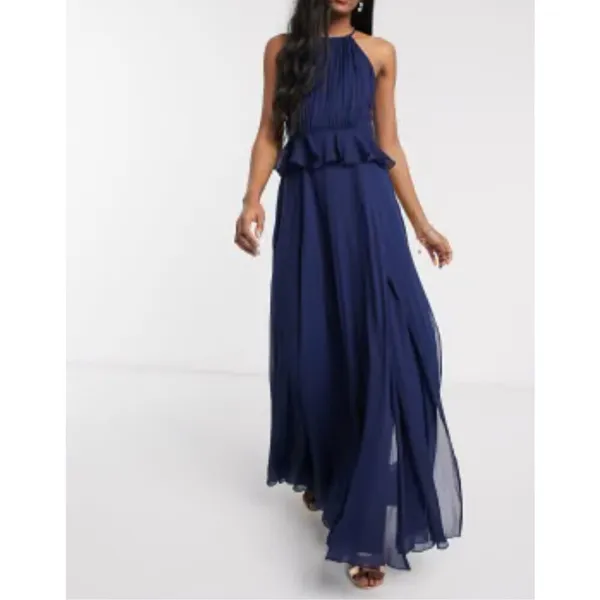 ASOS Navy Chiffon Ruffle Waist Halter Sleeveless Lined Maxi Dress Size 10 - Image 2