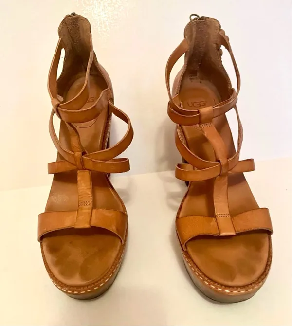 Ugg Tan Leather Woven Stack Heels Sandals  - Image 4