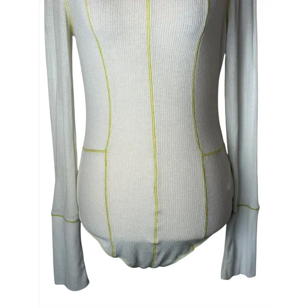 Free People Out of This World Bodysuit Women Small Ivory Yellow Ribbed Knit Boho - Image 6