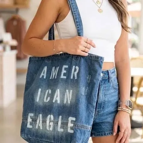 American Eagle‎ Outfitters Blue Denim Tote Bag Stenciled Logo Distressed Cotton - Image 2