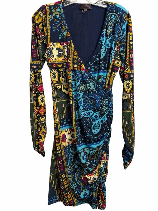 Hale Bob Multicolor Blue & Yellow Patchwork Paisley Wrap Dress - Image 2