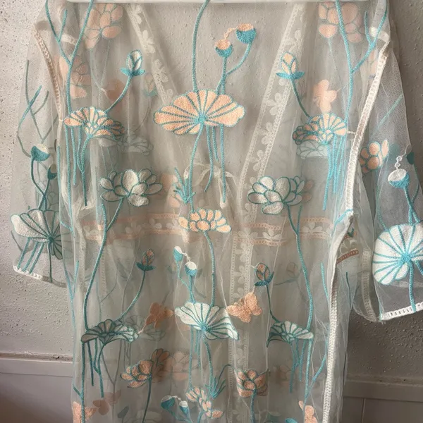 “Shoreline Sheer Mesh Floral Embroidered Duster Cover-Up S/M” - Image 3