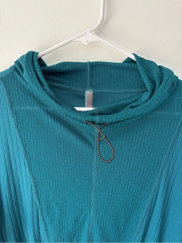Free People Movement Teal Ribbed Long Sleeve Lightweight Hoodie Fitted Waist - Image 2