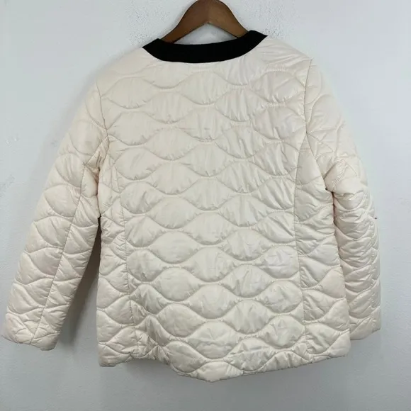 Kate Spade‎ Quilted Puffer Coat Jacket Ivory Black Trim Pearl Buttons Size L - Image 9