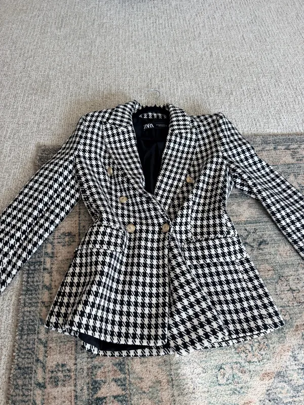 Zara houndstooth double breasted gold button oversized blazer jacket M  - Image 14