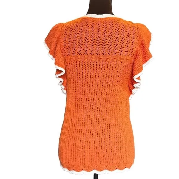 Orange Pointelle Knit Ruffle Sleeve Top White Trim Scalloped Hem Cottagecore‎ - Image 5