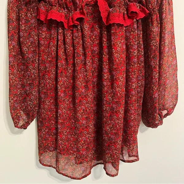 Free People Dress Pennie Babydoll Mini Red Floral Chiffon Boho Open Back… - Image 4