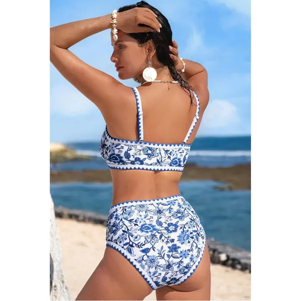 Womens Blue White Floral High Waisted Bikini Set Scallop Trim XL - Image 2