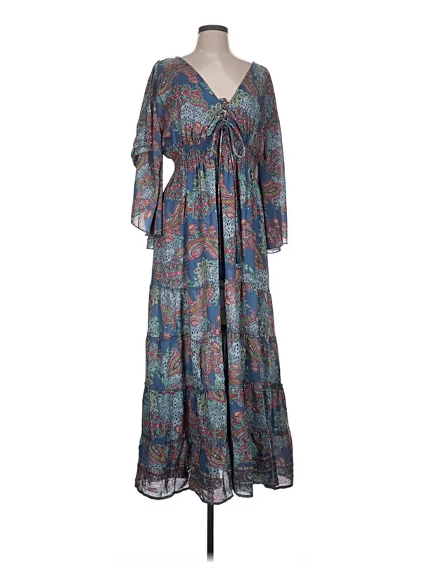 L Boemo Women’s Blue Paisley Animal Tiered Bohemian Maxi Dress Smocked Waist - Image 4