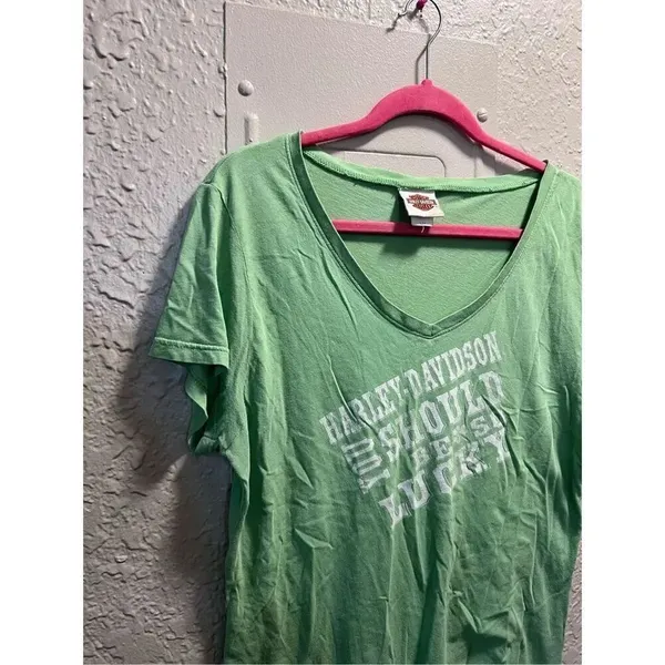 Harley Davidson You Should Be So Lucky Green V-Neck T-Shirt Woman’s Size Large - Image 3