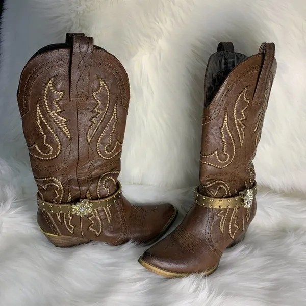 Handmade Womens Brown Leather Beaded Removable Boot Band One Size Boot Cuff - Image 2