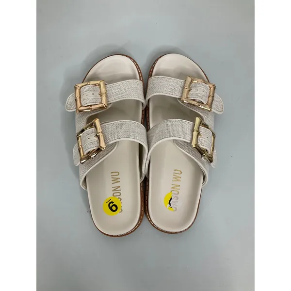Jason Wu Womens Cream Linen‎ Double Buckle Slide Sandals Gold Bamboo Detail 9 - Image 5