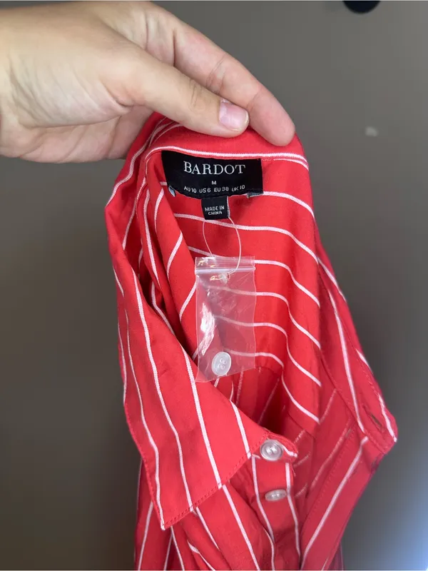 Bardot Malira Red White Stripe Draped Tie Shirt Mini Dress Size 6 NWOT - Image 4