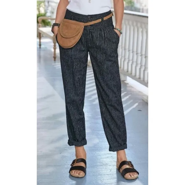 Sundance Amelia Trouser Pant Black White Pinstripe 4 Button Linen Cotton Blend - Image 3