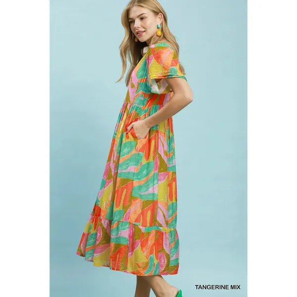 Umgee Abstract Tropical Print Tiered Midi Dress - Tangerine Mix - Small - Image 2