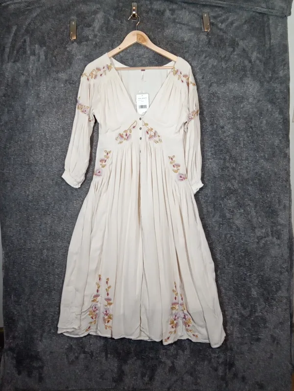 Free People Day Glow Embroidered Babydoll Dress Ivory Floral Boho Peasant - Image 2