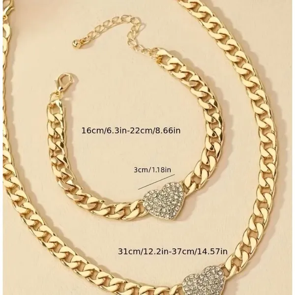 Gold Plated Chain Necklace & Bracelet Set With Rhinestone Heart - Image 2