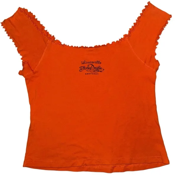 HARLEY DAVIDSON LADIES SIZE 2X XXL TANK TOP-VINTAGE 2002 ORANGE Ruffle Sleeve - Image 2