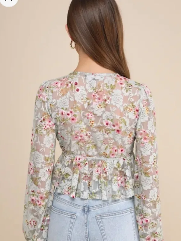 Lulu's Mint Floral Lace Peplum mesh Blouse with Pink Accents - Image 3