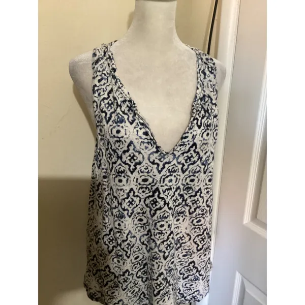 Athleta 100% Linen Tribal Print Racerback Tank Top Women Large Blue White - Image 2