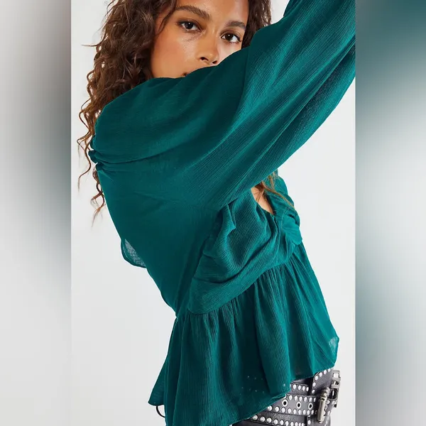 NWT Free People Teal Textured Peasant Daia Top Small - Image 3