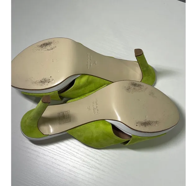 Tara Grinna Lime Green Suede Bow Mule Heels Handmade‎ in Italy Size 38 - Image 9