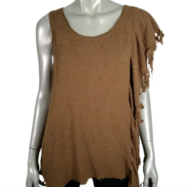 Free People army green fringe boho jungle sleeveless raw hem top blouse sz XS - Image 2