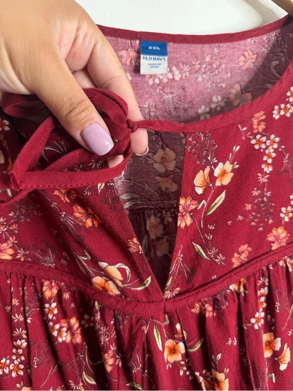 Old Navy Puff-Sleeve Floral Tiered‎ Swing Boho Top Burgundy Floral XXL Flowy - Image 8