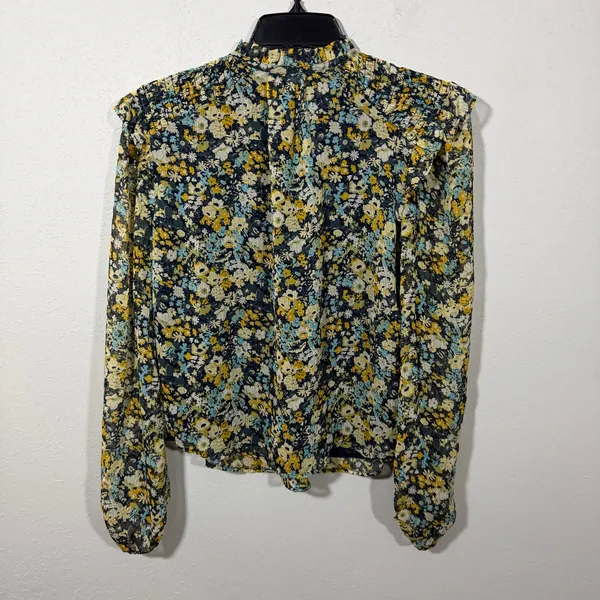 Loft Blue Yellow Floral Smocked High Neck Ruffled Long Sleeve Blouse Womens XS - Image 6