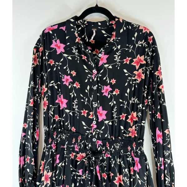 Free People Womens Dress Black Lighten Up Floral Mini Shirtdress Boho Size Small - Image 6