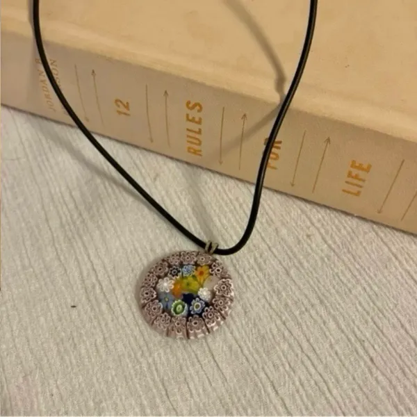 Millefiori Glass Charm Pendant Necklace Vintage “Dahlia” Leather Strand Italian Classi - Image 4