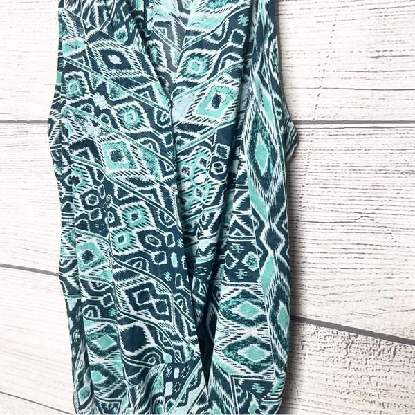 New York & Company Teal Blue Tribal Print Halter Top Wrap Blouse Size Medium - Image 9