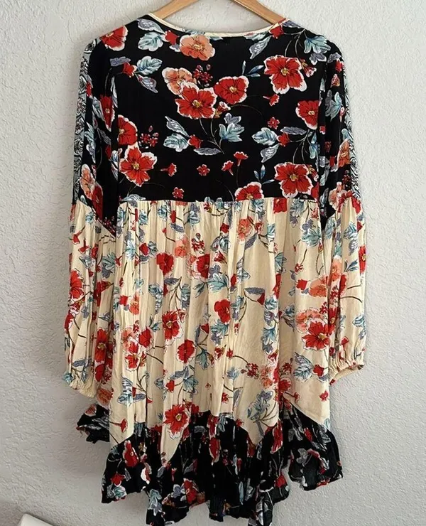 Patrons of Peace Red Blue Cream Floral Mini Dress Ruffle Festival Boho Hippie - Image 6