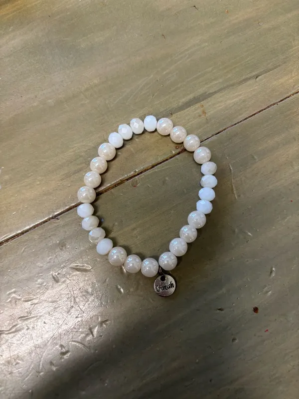 Erimish white iridescent Moonstone 8 MM smooth/cut Glass beads Stretch Bracelet - Image 2