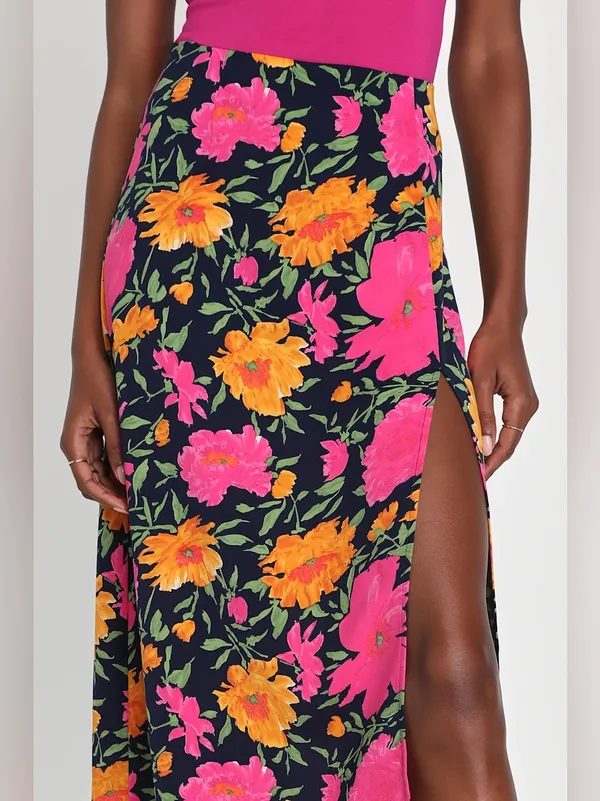 Lulus Playful Elegance Navy and Pink Floral Print High-Rise Midi Skirt Medium - Image 3