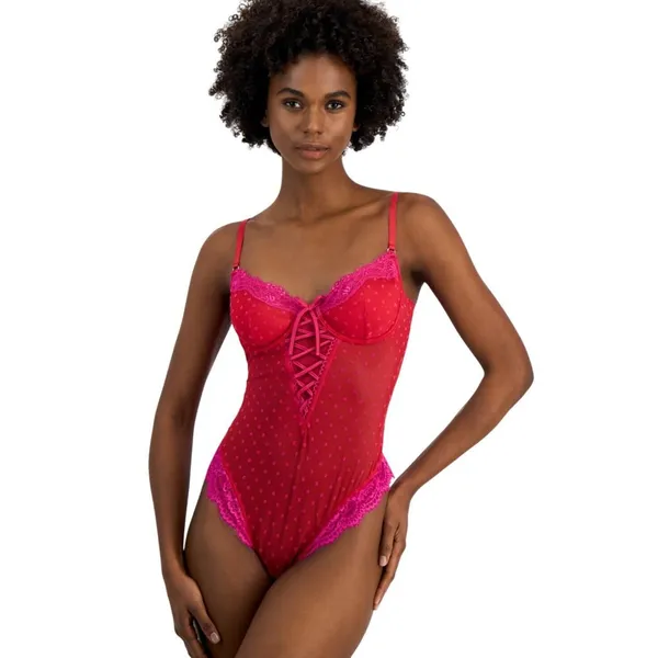 NWT INC International Concepts Floral Mesh Thong Bodysuit Crimson Leaf Red L - Image 3