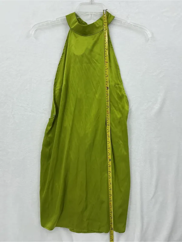 97% silk High-Neck Olive Green Satin Mini Dress 1211 - Image 4