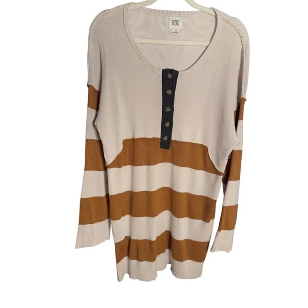BDG Womens Ivory Brown Tunic Sweater Dress‎ Sz Large Henley Striped Ribbed Knit - Image 4