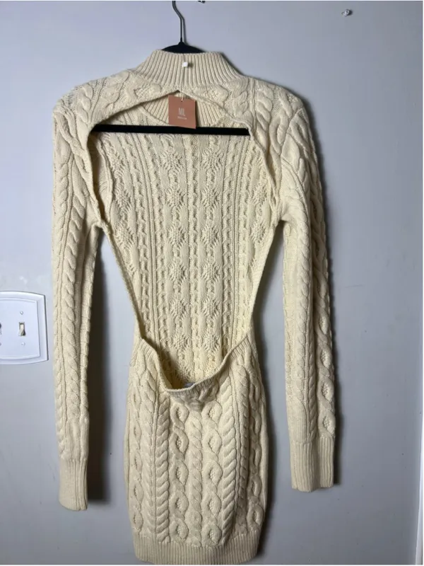 Women's Miss Lola Cable Knit Turtleneck Sweater Dress Beige Size S Backless - Image 4