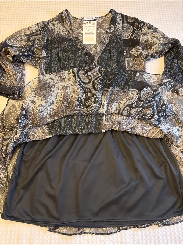 NEW! ZARA Black Gray Paisley Tiered Mini Dress SMALL Semi Sheer Balloon Sleeves - Image 13