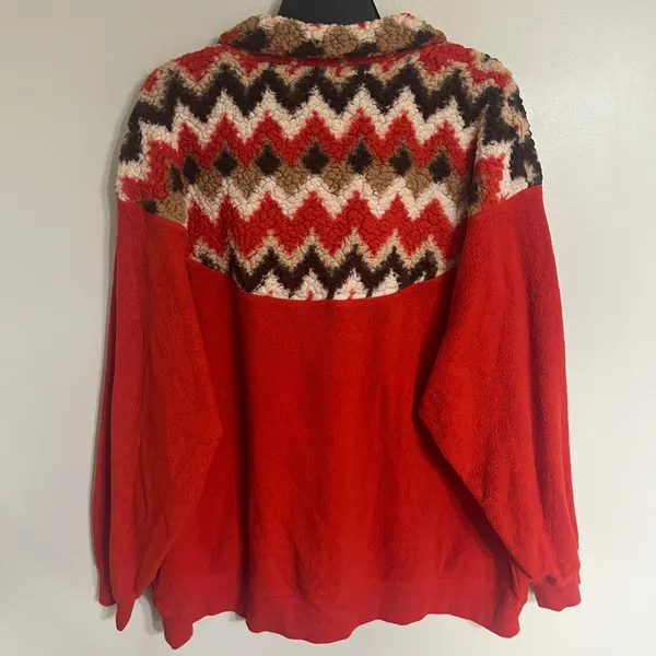 Aerie Women Red Hometown Holiday Fleece Quarter Zip Sherpa Fair Isle‎ Sweater L - Image 9