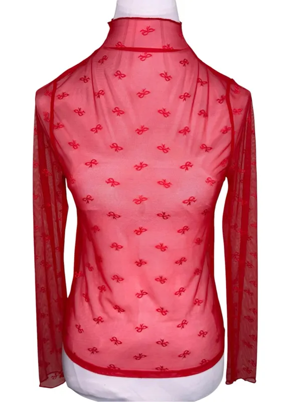 NWT Serra Red Mesh Bow Design Top Medium M Mock Neck Sheer Long Sleeve Aldi Find - Image 2