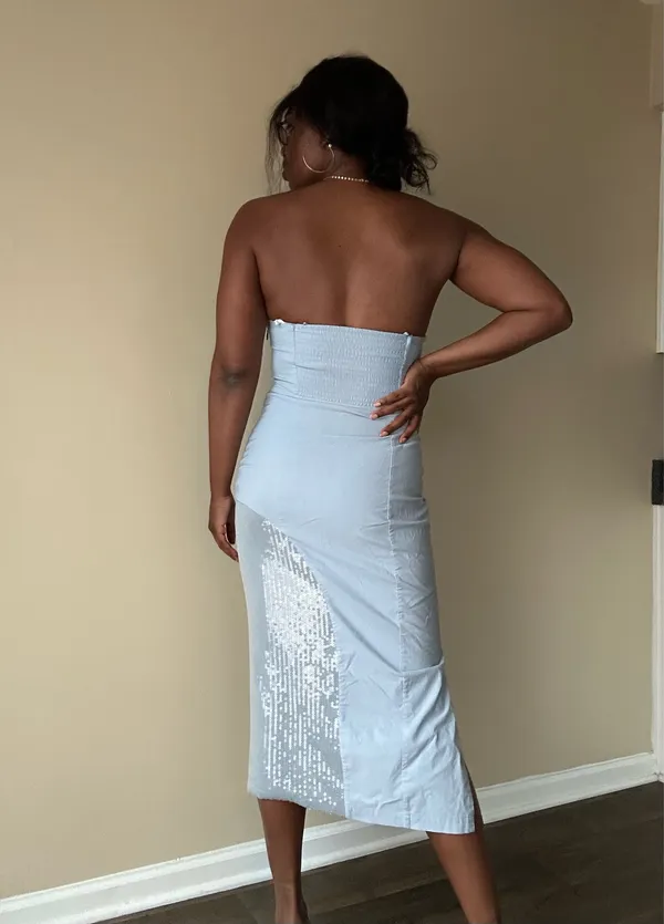 Anthropologie Light Blue Grey Strapless Midi Dress Size 8 - Image 6